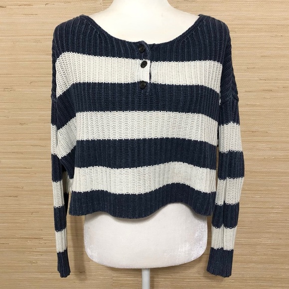 American Eagle Blue Striped Cropped Oversized Henley Knit Sweater Women's Small - Picture 2 of 8